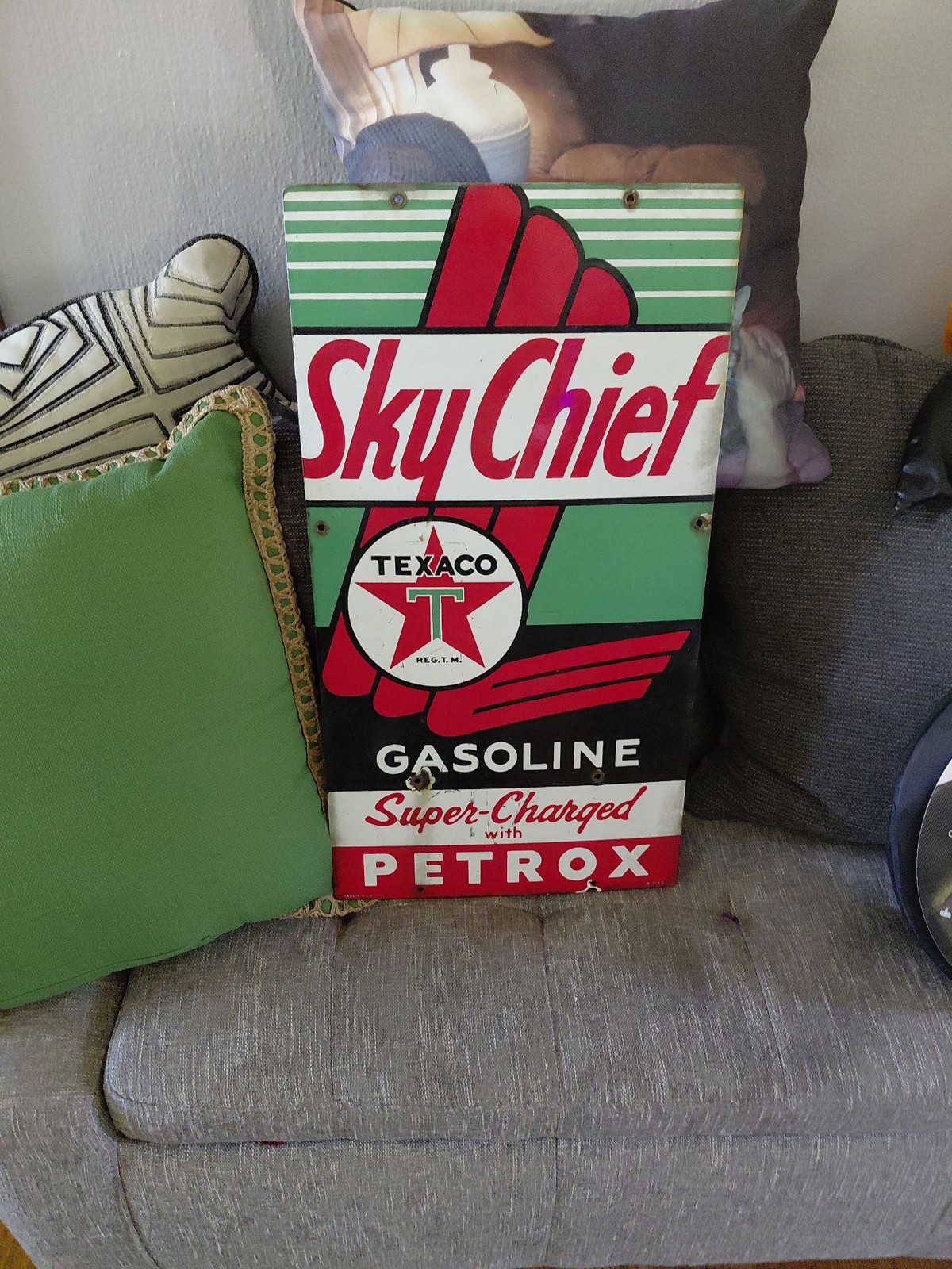 Vintage Texaco Sky Chief Gasoline Porcelain Pump Sign - Petrox Era