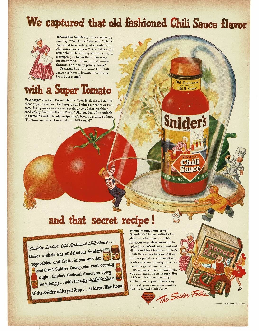 1946 Snider's Chili Sauce in bell jar Little People Vintage Print Ad 1946 Snider's Chili Sauce in bell jar Little People Vintage Print Ad