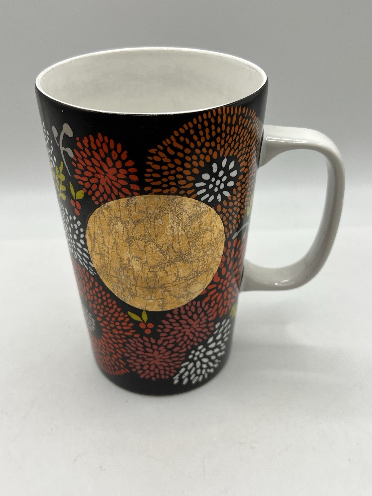 Starbucks 2014 Dot Collection Fall Floral Mug Black Orange Red Gold Circle 16oz