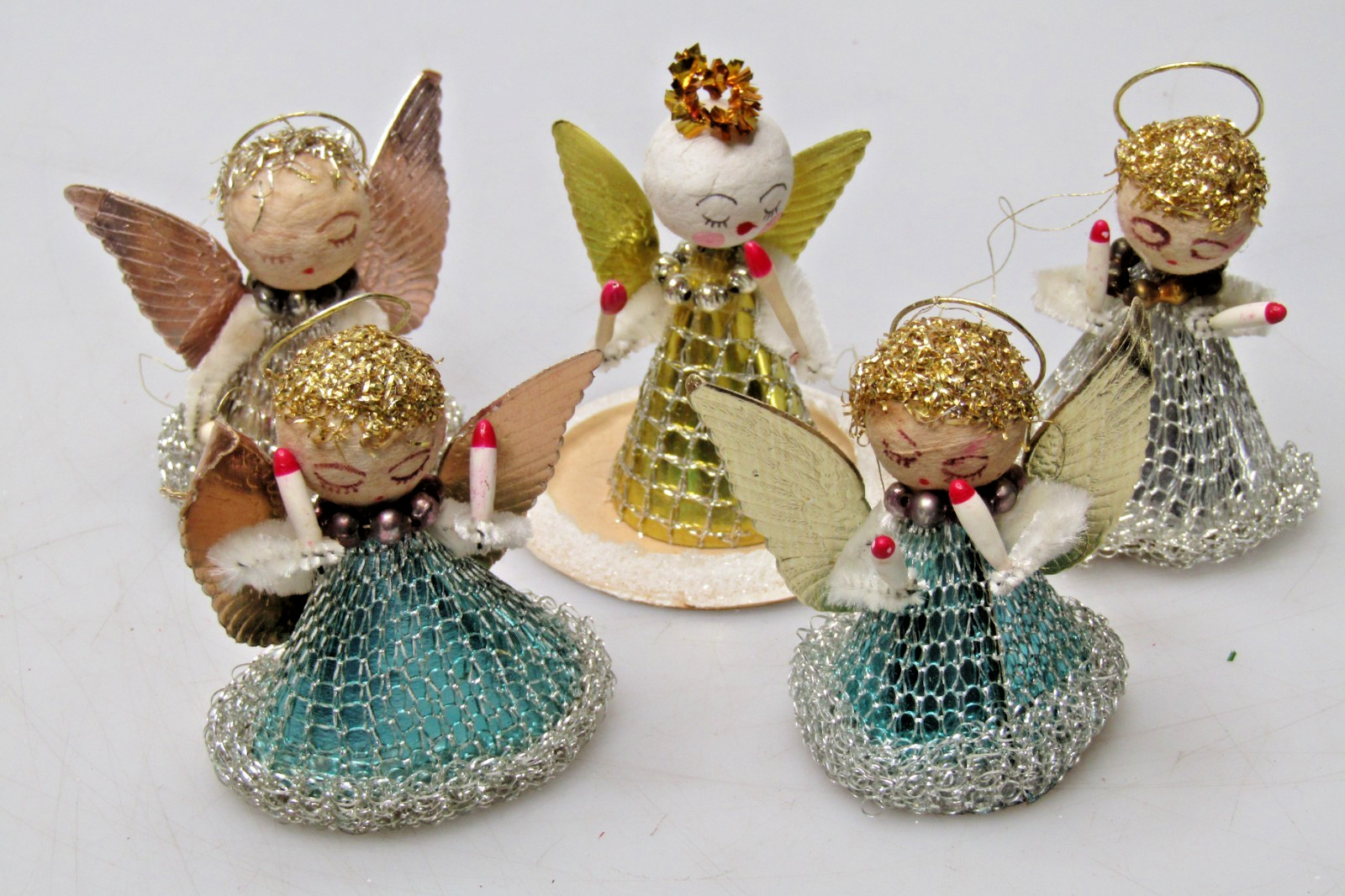 Lot VTG Mesh Paper Spun Cotton ANGEL w CANDLE Figurine Christmas Ornaments Japan