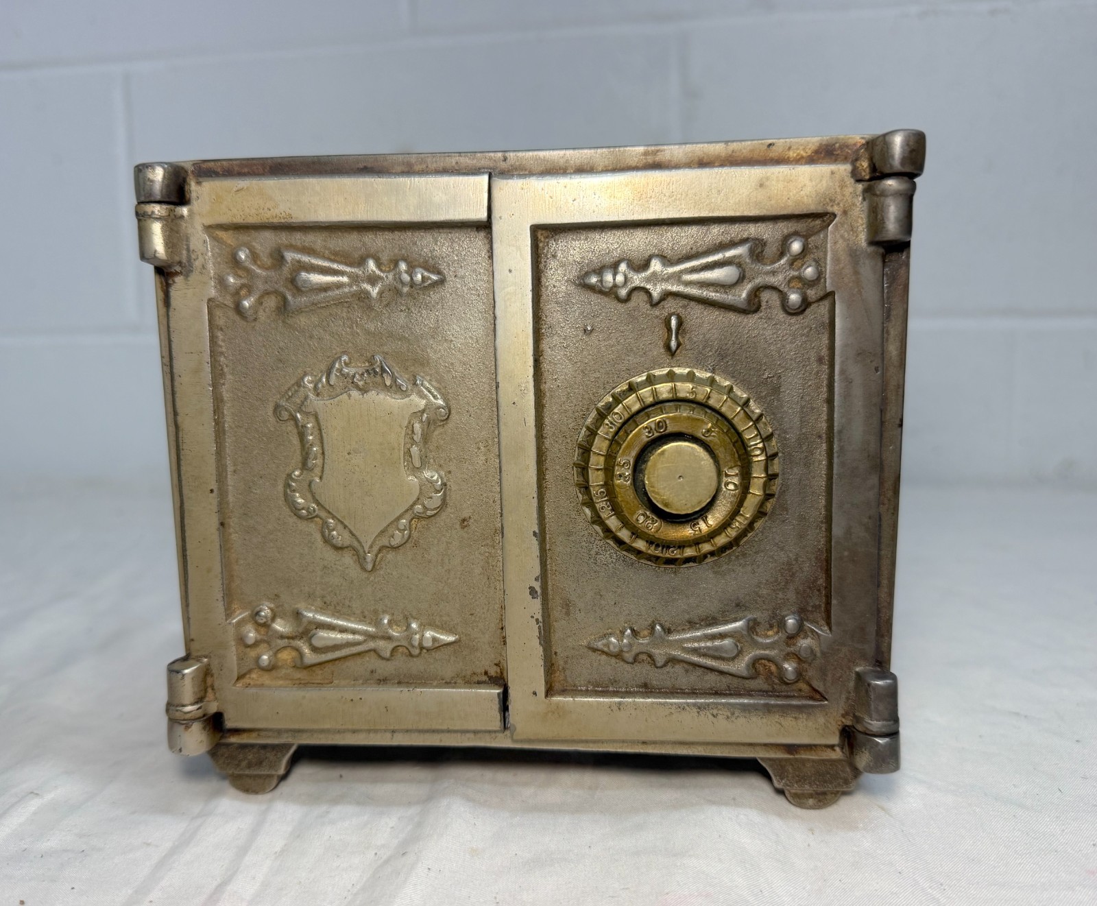 Antique 19th century Cast Iron brass Security Safe lock Deposit Coin Still Bank