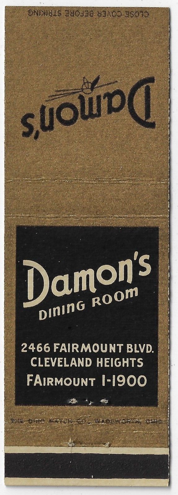 Vintage Matchbook Cover  Damon\'s Dining Room Cleveland Heights O. Ph. FA 1-1900