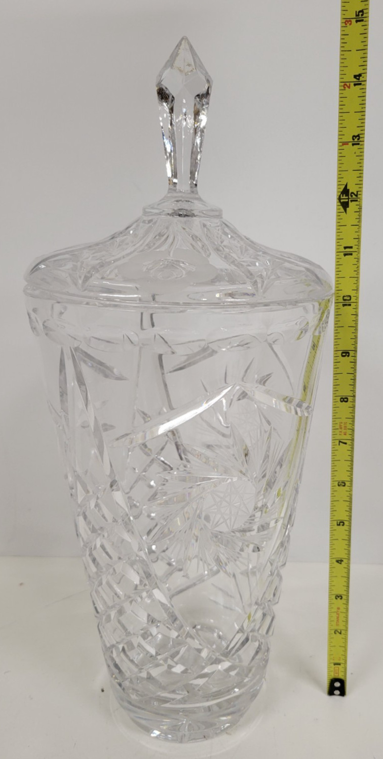 Vintage Pinwheel Hobstar Cut-Lead Crystal Biscuit Barrel Cookie Jar w/Lid 14-3/4