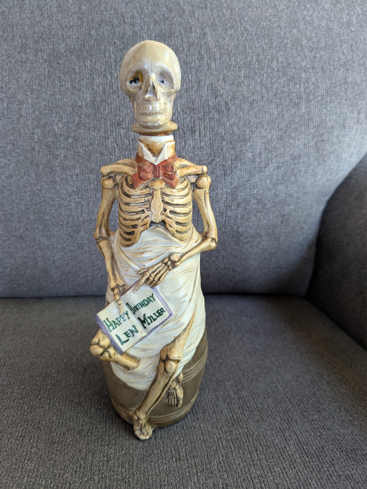 Vintage Skeleton Waiter on Barrel Antique Liquor Skull Stopper Decanter