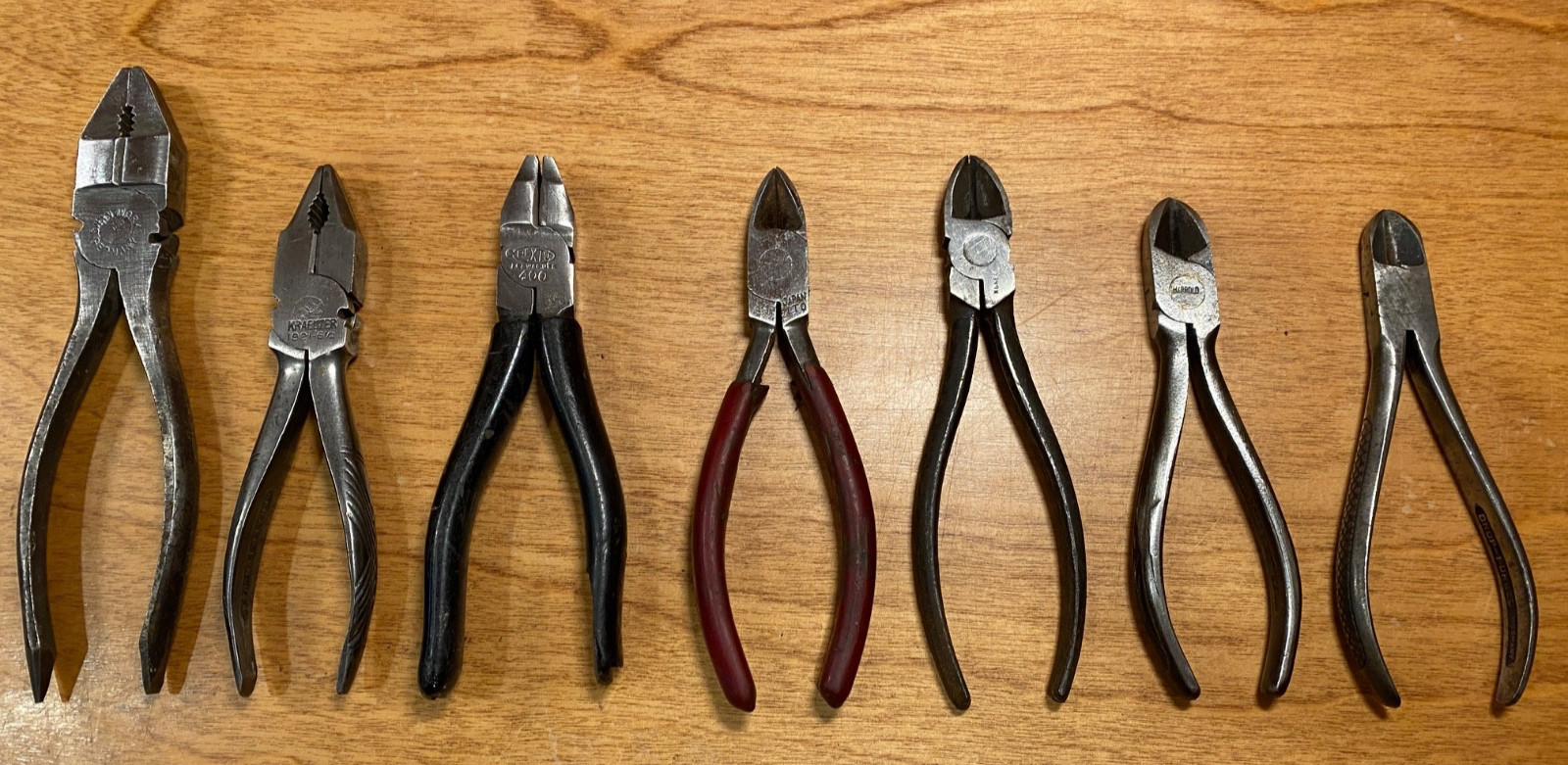 Vintage 7-pc Branded Linesman Pliers/Side Cutters, Harold, Kraeuter, Swan Works Vintage 7-pc Branded Linesman Pliers/Side Cutters, Harold, Kraeuter, Swan Works