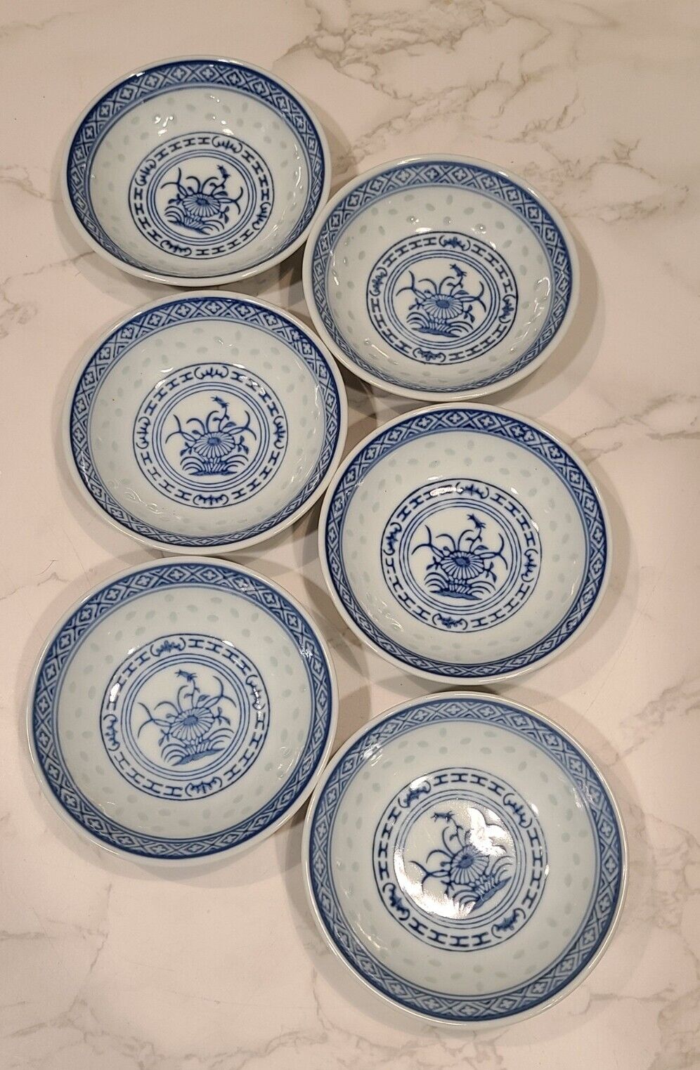 Translucent Chinese “Rice Grain” Blue White Porcelain Soy Dipping Bowls (6) EUC 