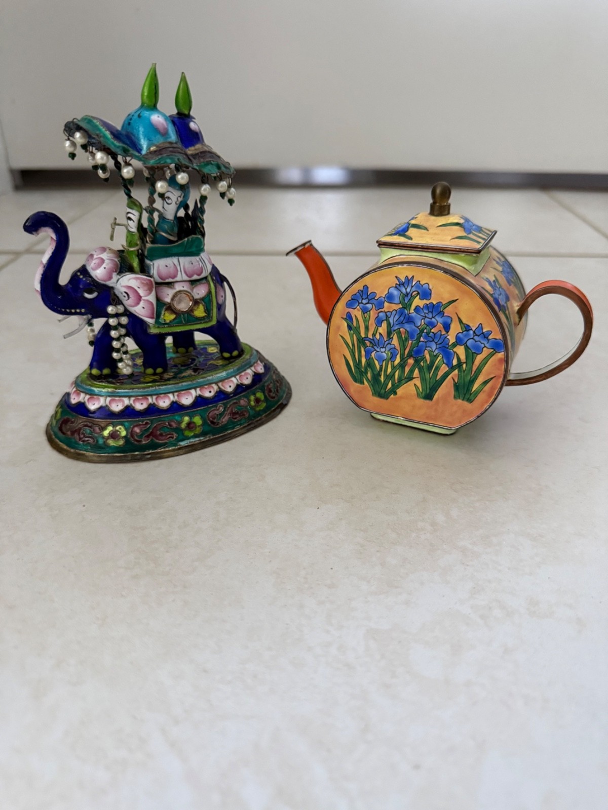 Charlotte Si Vita Miniature Enamel Teapot AND Meenakari Enameled Silver Elephant Charlotte Si Vita Miniature Enamel Teapot AND Meenakari Enameled Silver Elephant