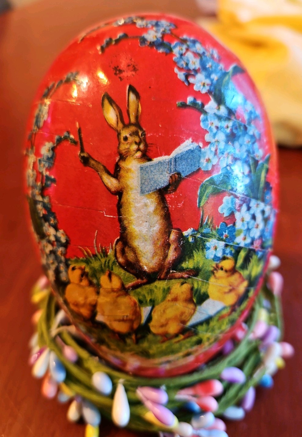 Easter Antique German Paper Candy Container Egg, Rabbit Conductor & Chick Choir