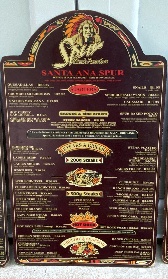 SPUR STEAK RANCHES V&A SANTA ANA SPUR 1980S WOODEN RESTAURANT MENU SOUTH AFRICA