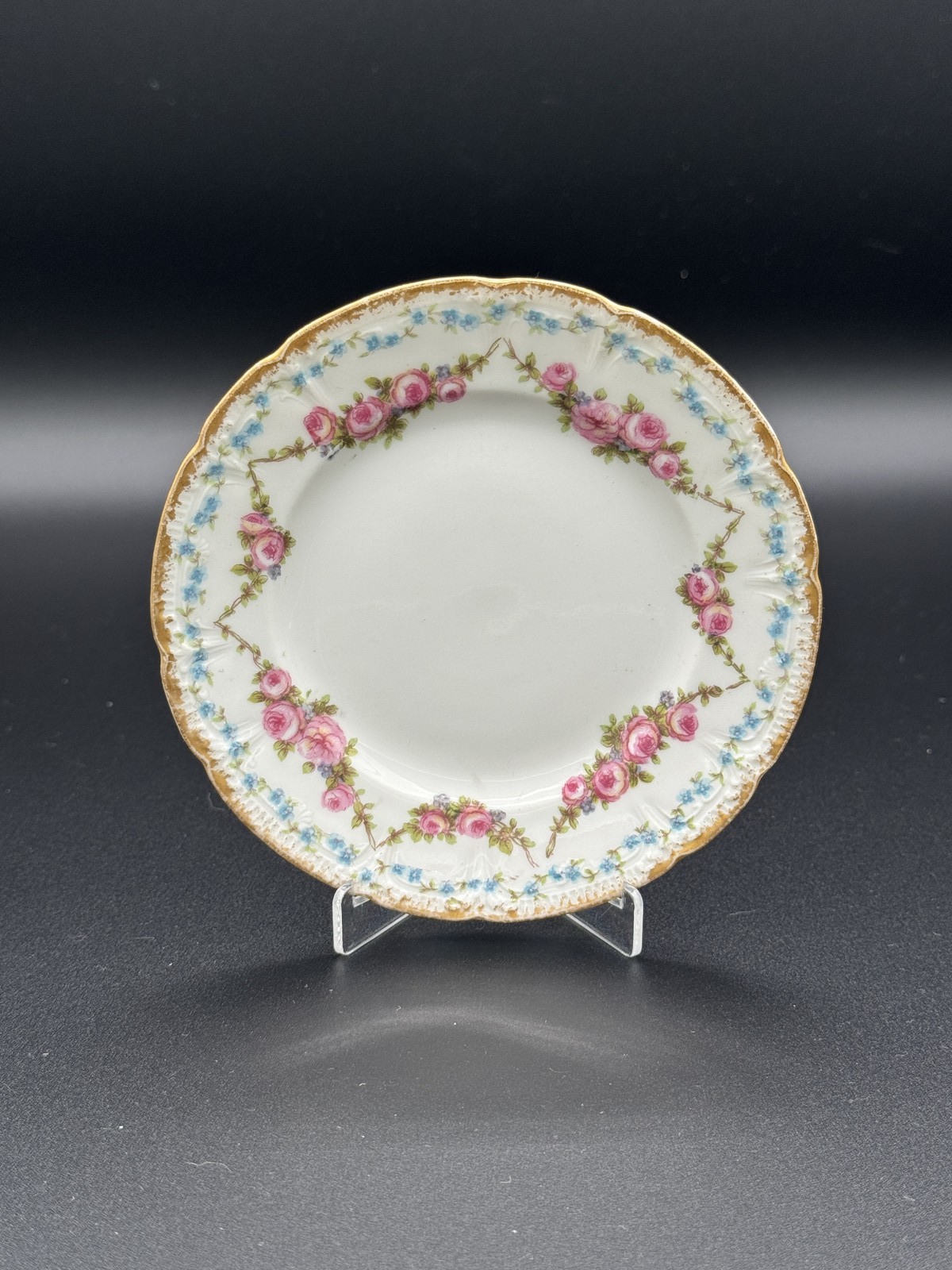 Haviland Limoges France Saucer Pink Roses & Blue Garlands D&Co Mark Antique
