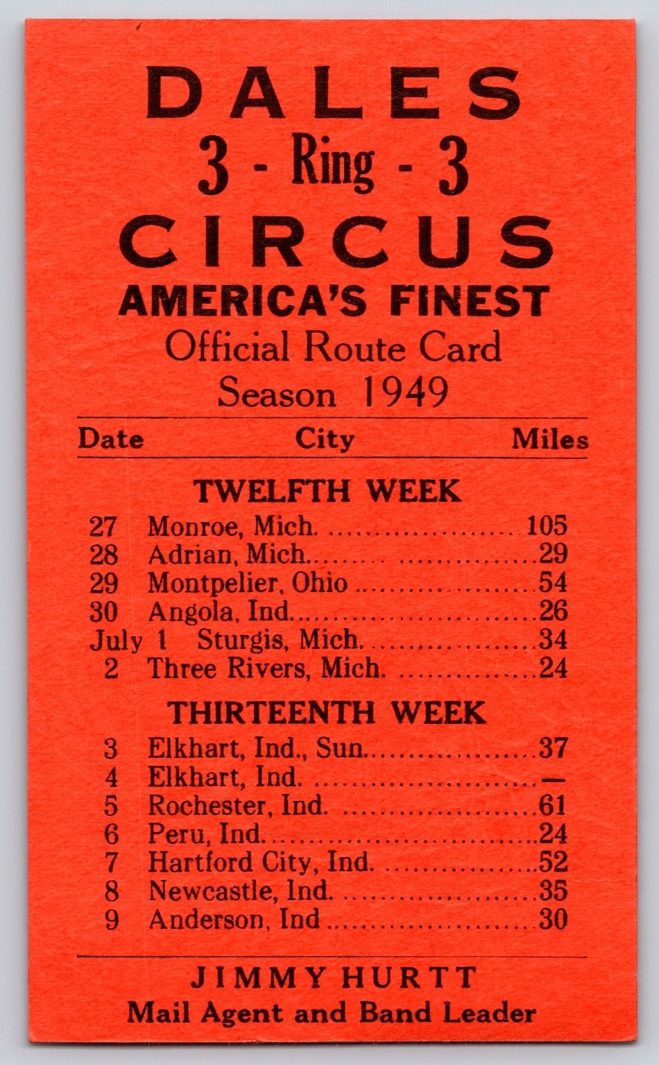Dales 3-Ring-3 Circus 1949 Official Route Card Collectible Paper