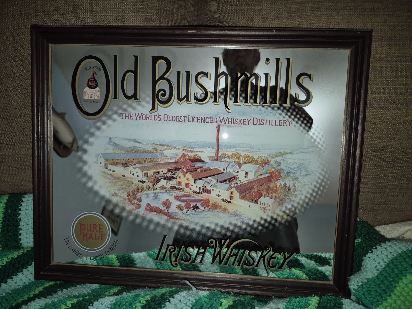 Vintage Old Bushmills Irish Whiskey Bar Sign Mirror