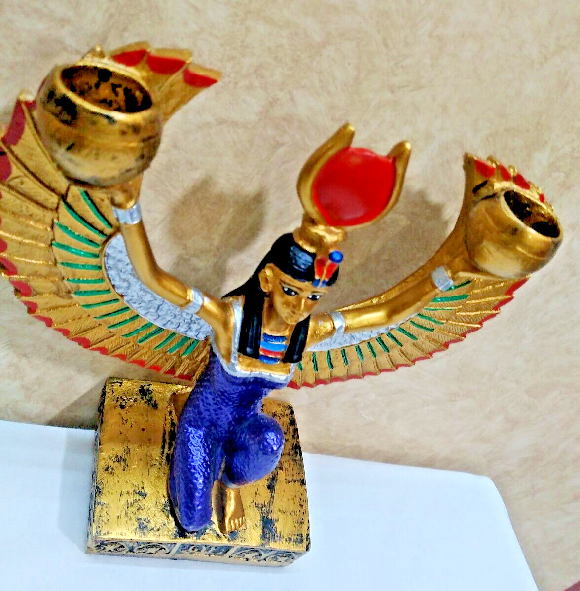 7*7 inch Goddess Isis of love& magic wearing the sun disc Open Wings Candlestick