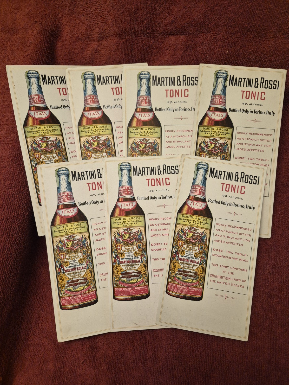 Vintage Martini & Rossi Tonic Blotter/Advertising Cards c. 1940 lot of 7 - NOS