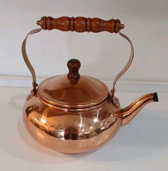 Vintage 1984 FTDA Copper Tea Kettle - Wooden Handle & Spout Plug NEW OLD STOCK