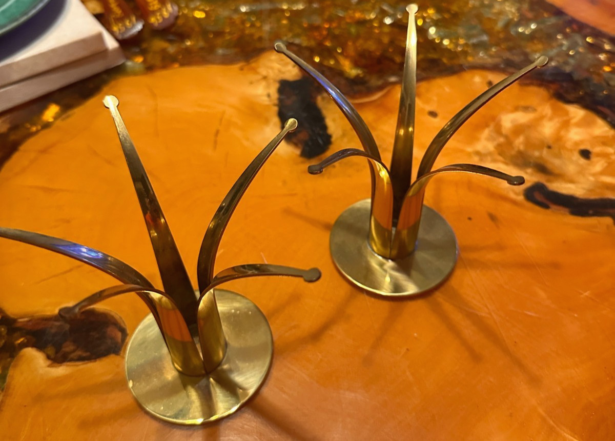 Vintage Sweden Ystad-Metall Brass Lily Candle Swedish Holders - Pair