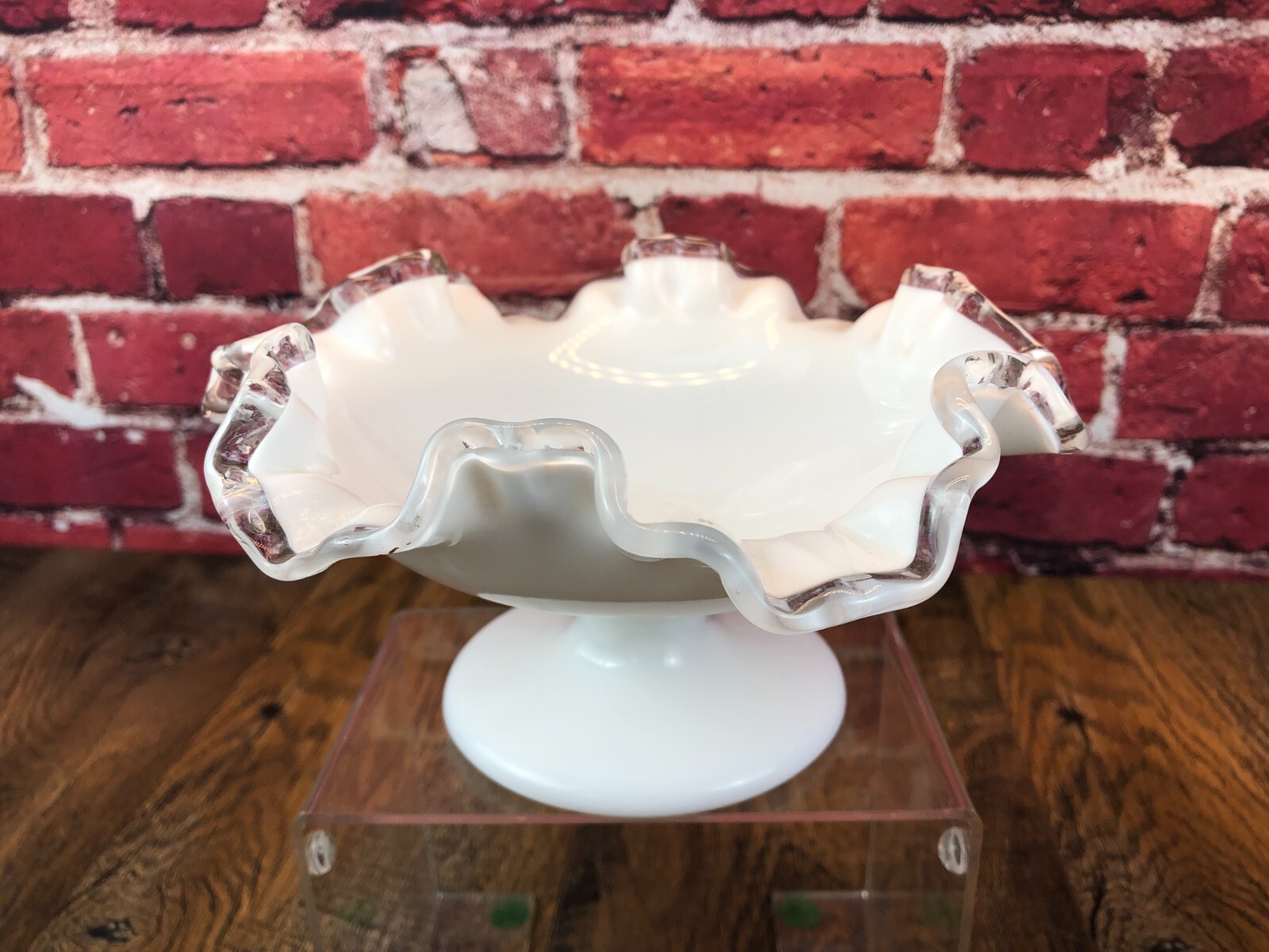 Vintage - FENTON MILK GLASS WHITE Silver Crest Compote RUFFLE BOWL - 7\