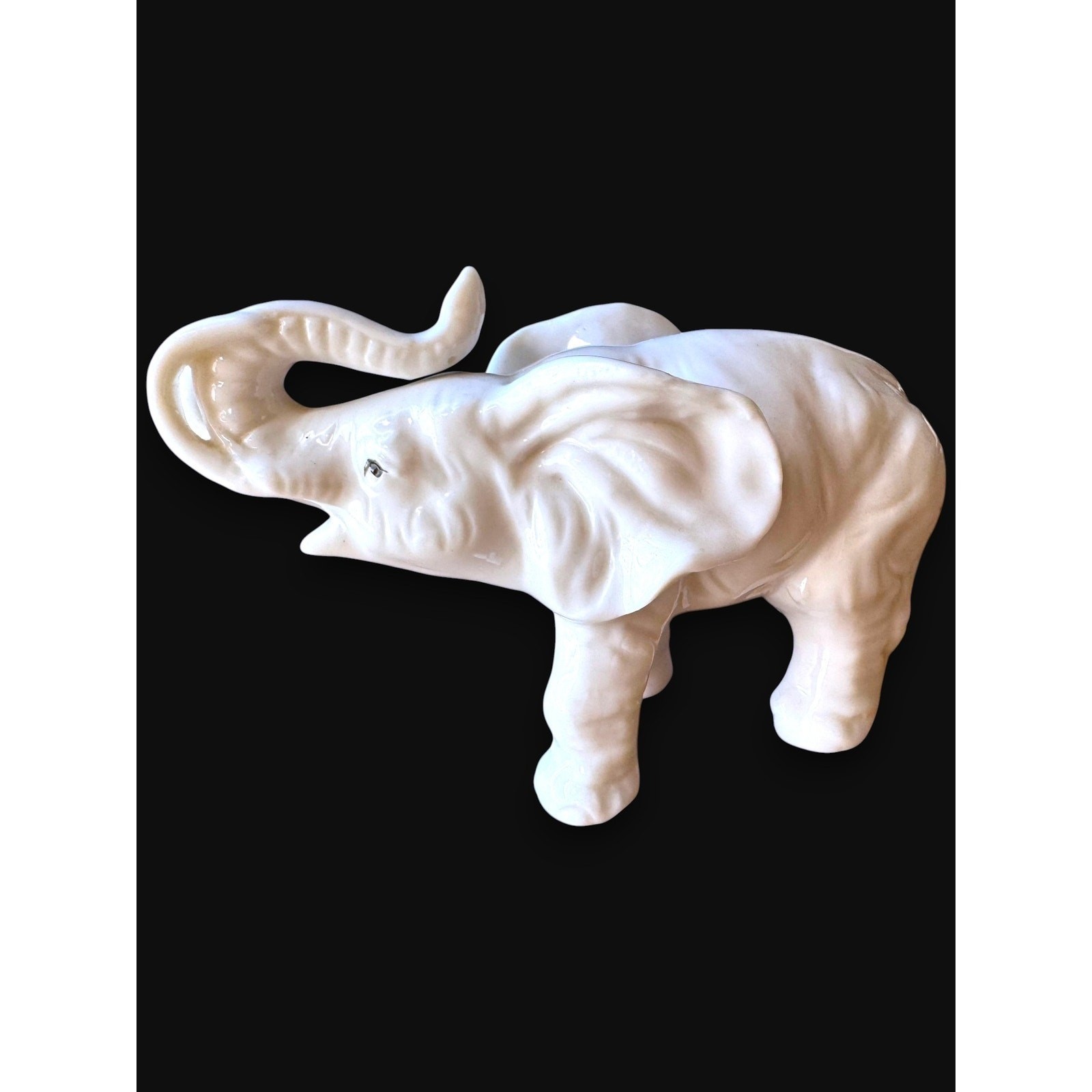 Porcelain Elephant Figurine Glossy White With Raised Trunk 3.5 Inches Tall Vinta
