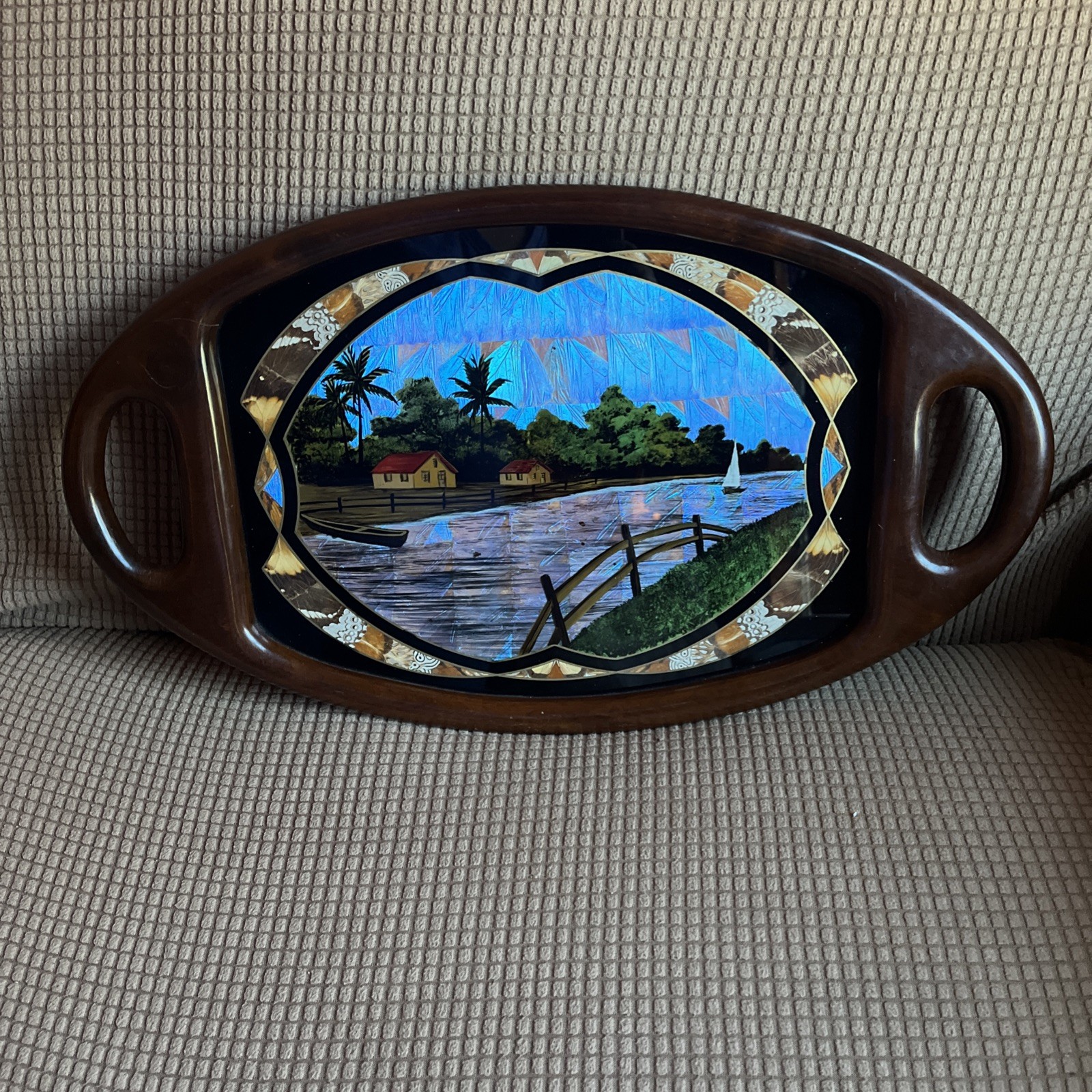 Vintage Brazilian  Butterfly Wing Wood Inlay Oval Tray 1930\'s