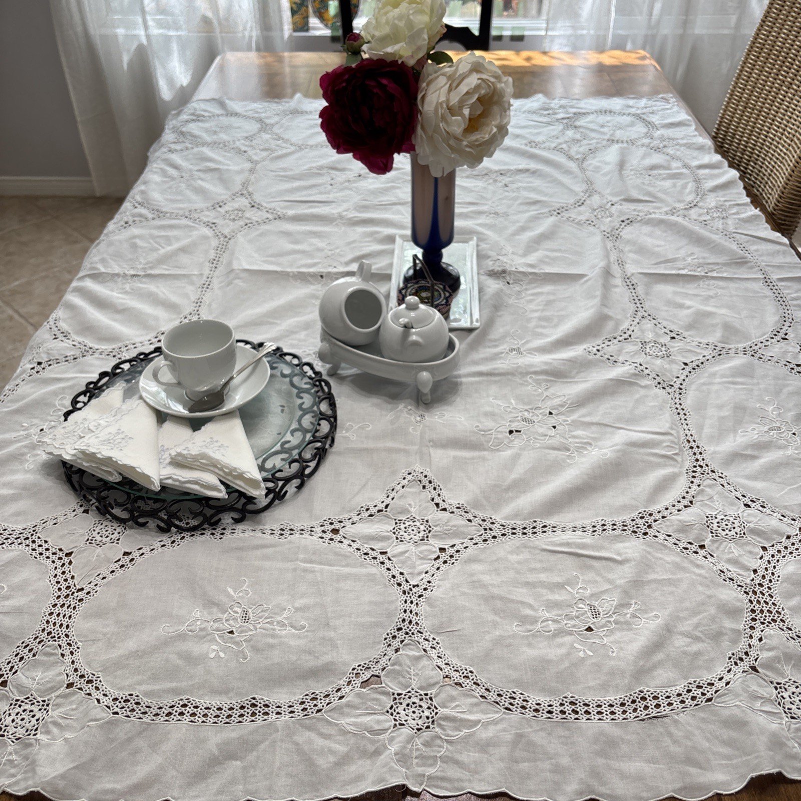 Art Deco Antique Embroidered Crochet Cut Work Tablecloth Handmade White 65 x47