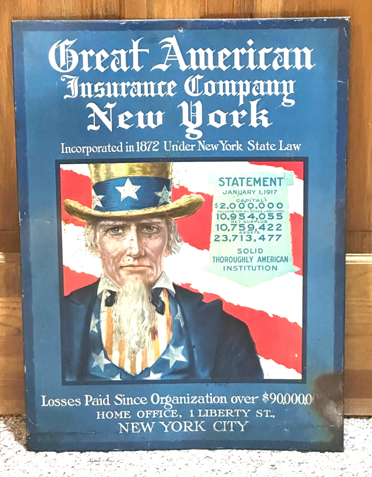 Antique Great American Insurance Company Tin Sign 
