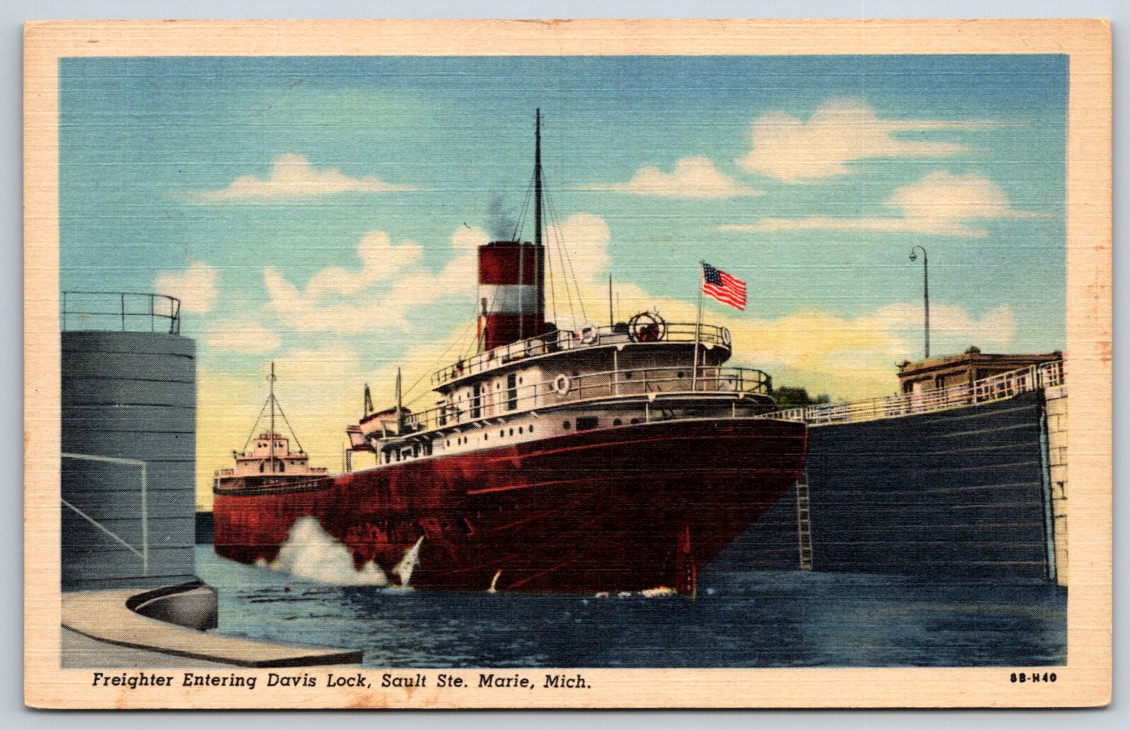 Sault Ste Marie Michigan~Freighter Ship Entering Davis Lock~Vtg Linen Postcard