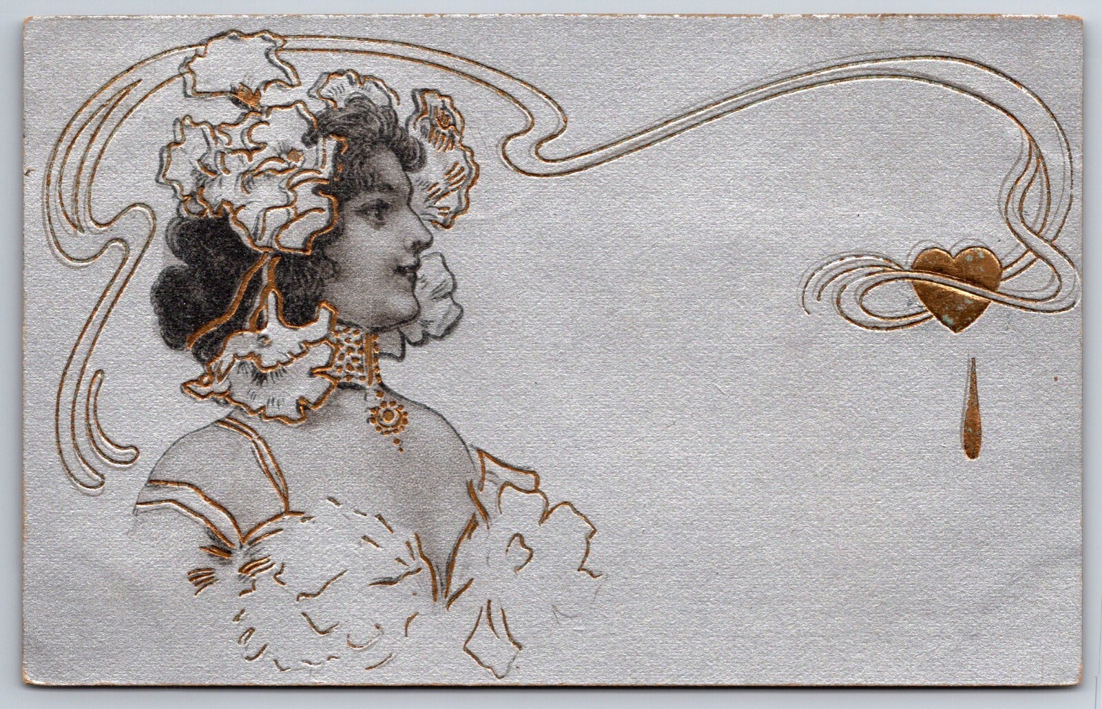 Lovely Lady Showgirl~Teardrop Heart~Gold Leaf Art Nouveau~Silver Back 1906