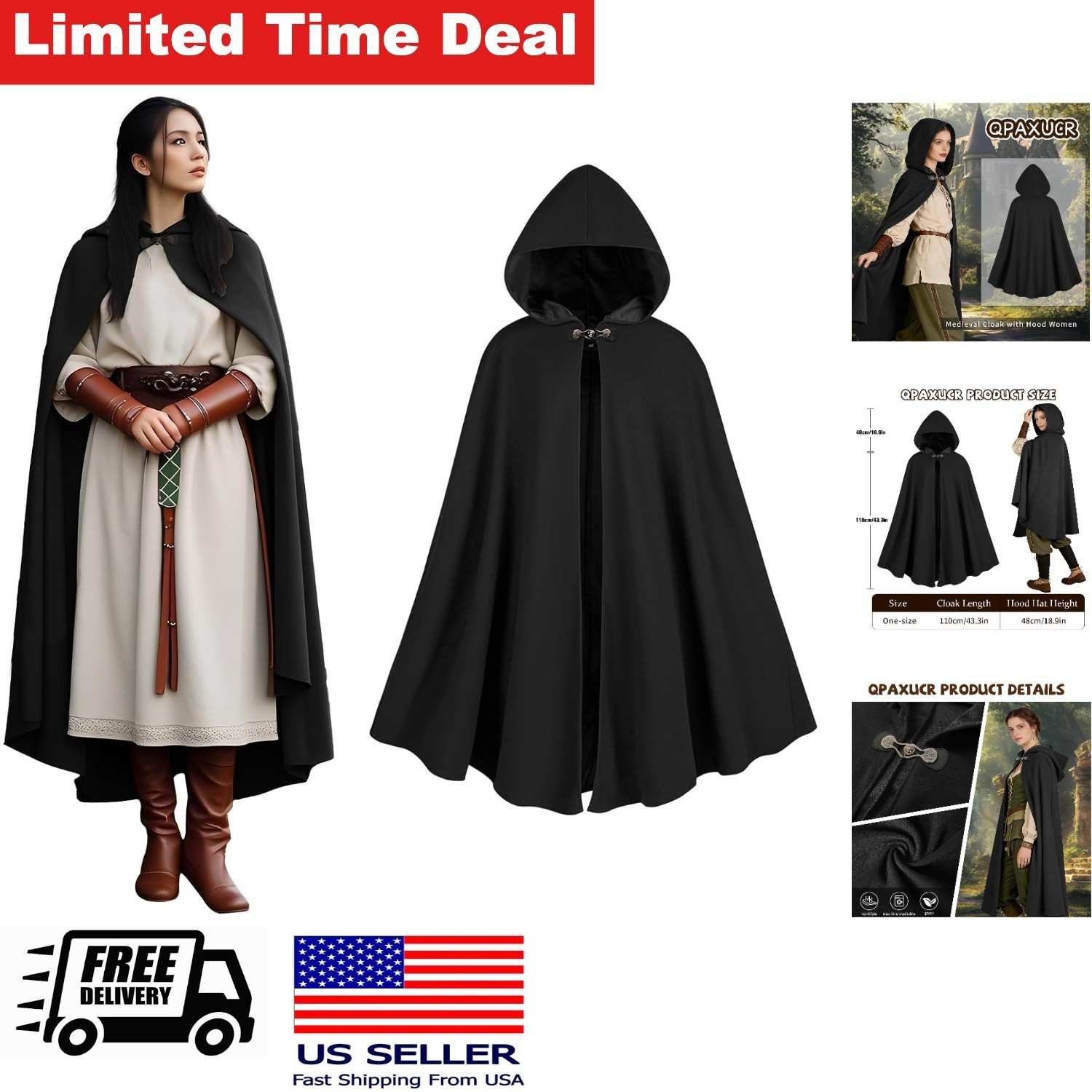 Renaissance Cloak Women - Medieval Hooded Cloak for Halloween Party