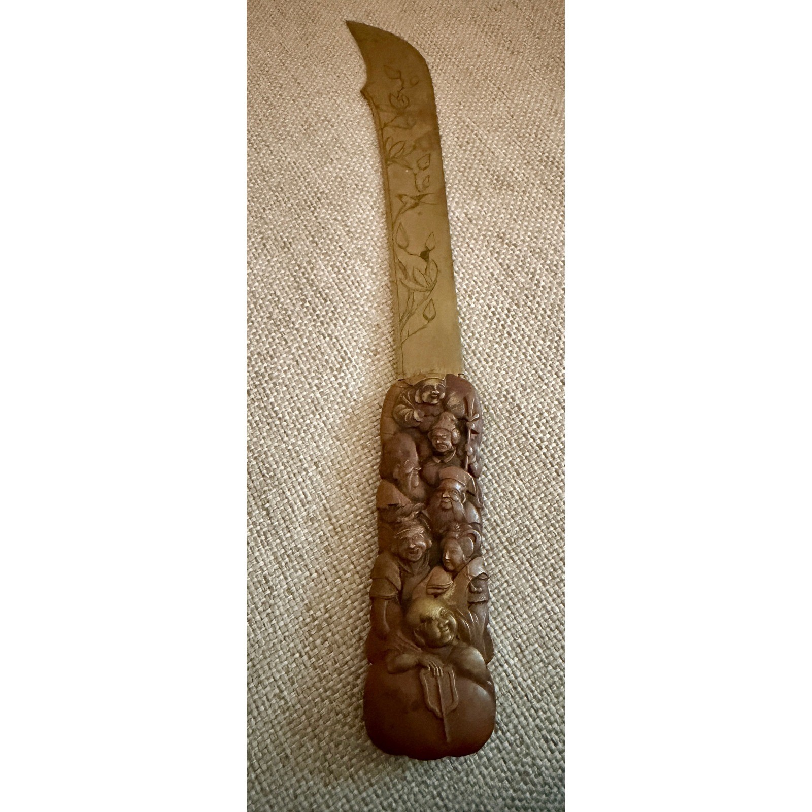 Vintage Mejii Japanese Brass Letter Opener Seven Lucky Gods Carved Handle Bronze Vintage Mejii Japanese Brass Letter Opener Seven Lucky Gods Carved Handle Bronze