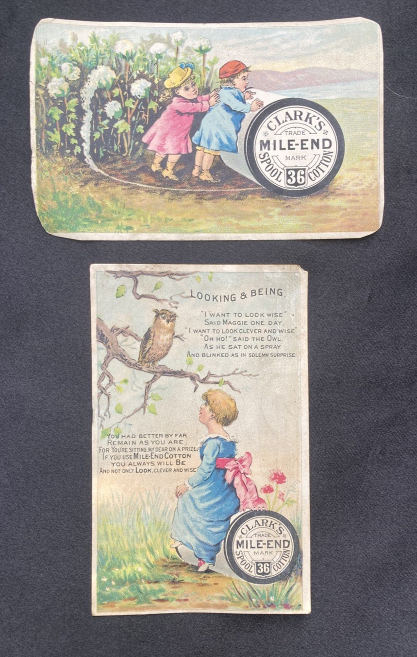 1890s Victorian Lot (2) Children Trade Cards ~ Clark\'s Miles Spool Cotton Thread