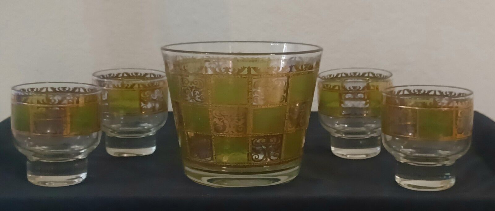 Vintage MCM Culver Prado Set of 4 Whiskey Glasses & Ice Bucket Green & 22K Gold