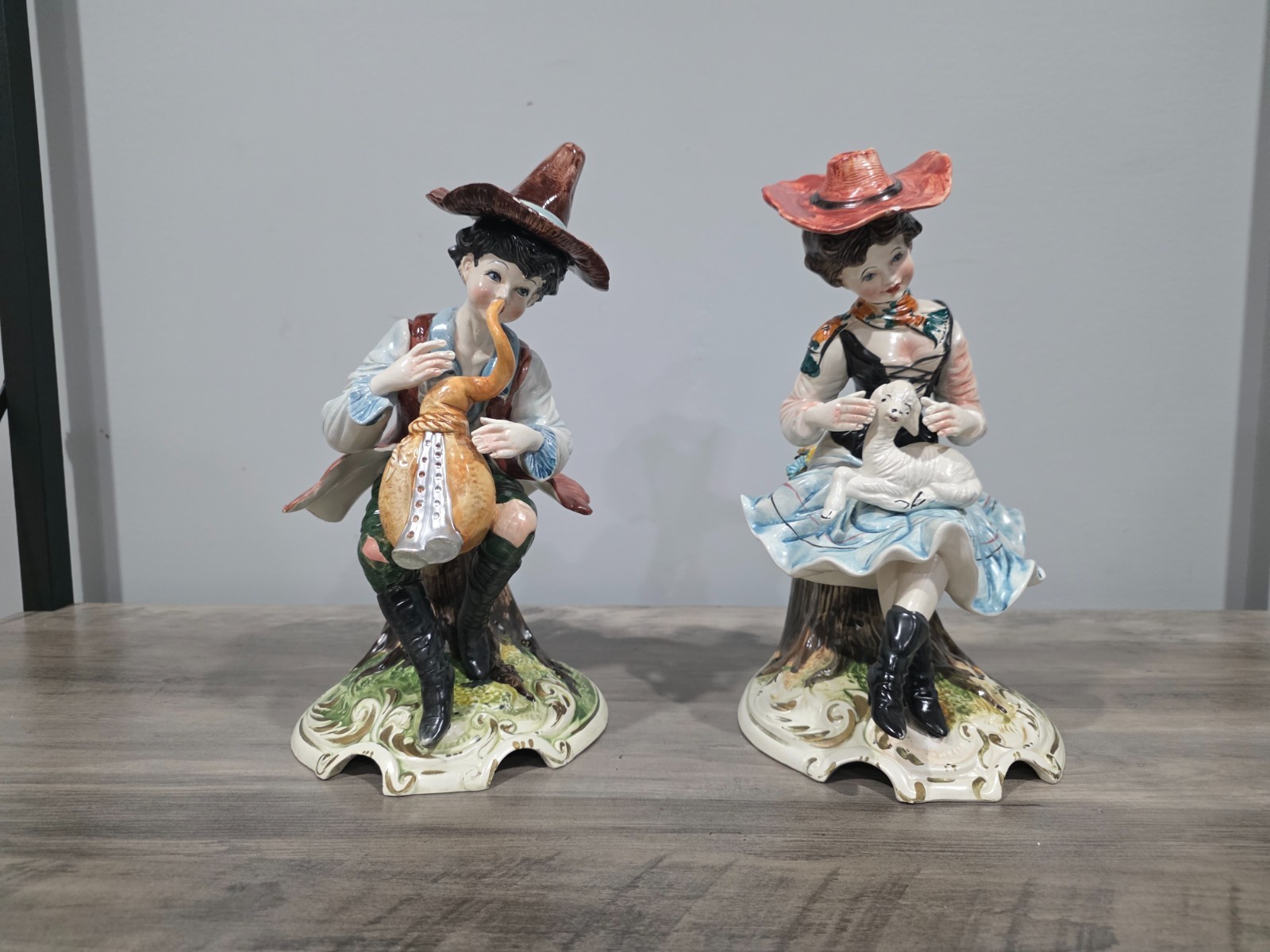 Vintage Capodimonte Porcelain Figurines - Boy with Bagpipes and Girl with Lamb Vintage Capodimonte Porcelain Figurines - Boy with Bagpipes and Girl with Lamb