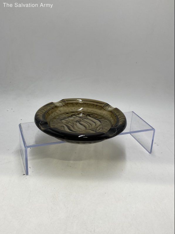 Vintage Smokey Brown Dark Amber Glass Embossed Desert Flower Tulip Motif Ashtray