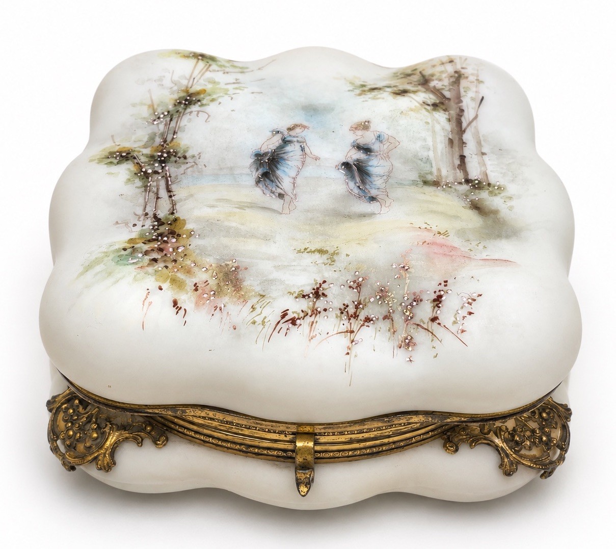 Antique c1900 Wave Crest C.F. Monroe Opal Glass Dancing Women Dresser Box