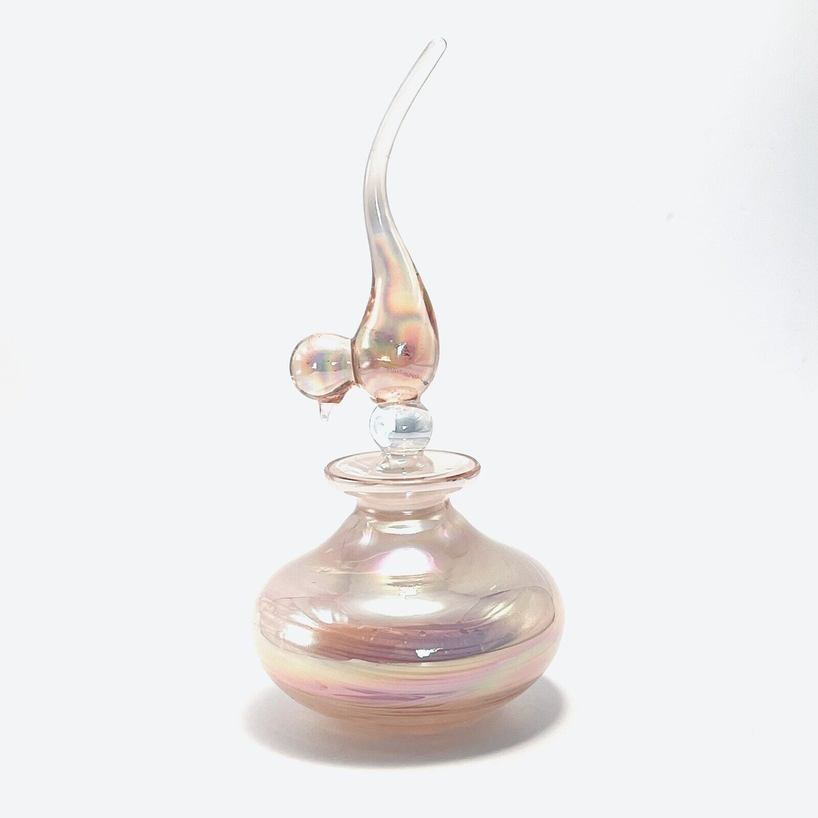 Pink Blown Iridescent Swirl Glass Perfume Bottle With Pulled Glass Bird Stopper