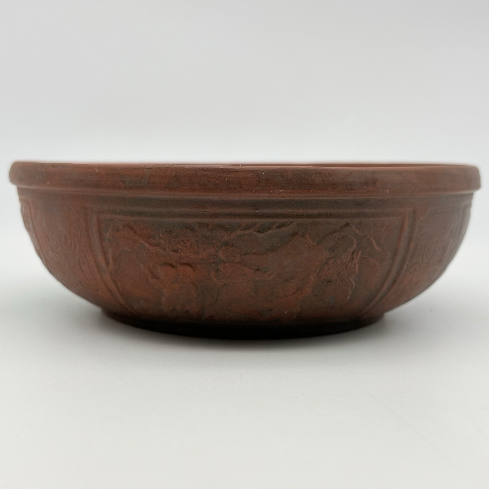Vtg Chinese Yixing Zisha Purple Clay Scholar Bowl Children Boat Peacock Relief Vtg Chinese Yixing Zisha Purple Clay Scholar Bowl Children Boat Peacock Relief