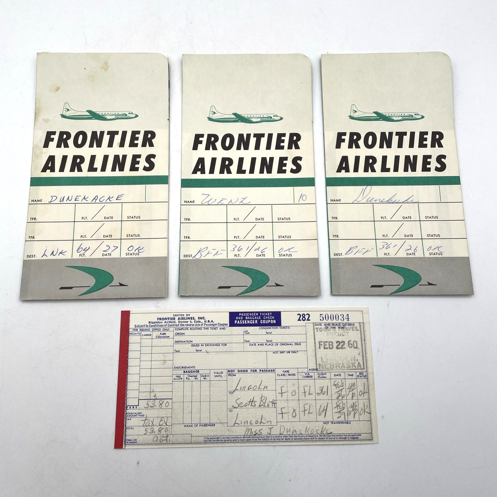 Frontier Airlines 1960 Ticket Jackets Plus 1 Ticket Vintage