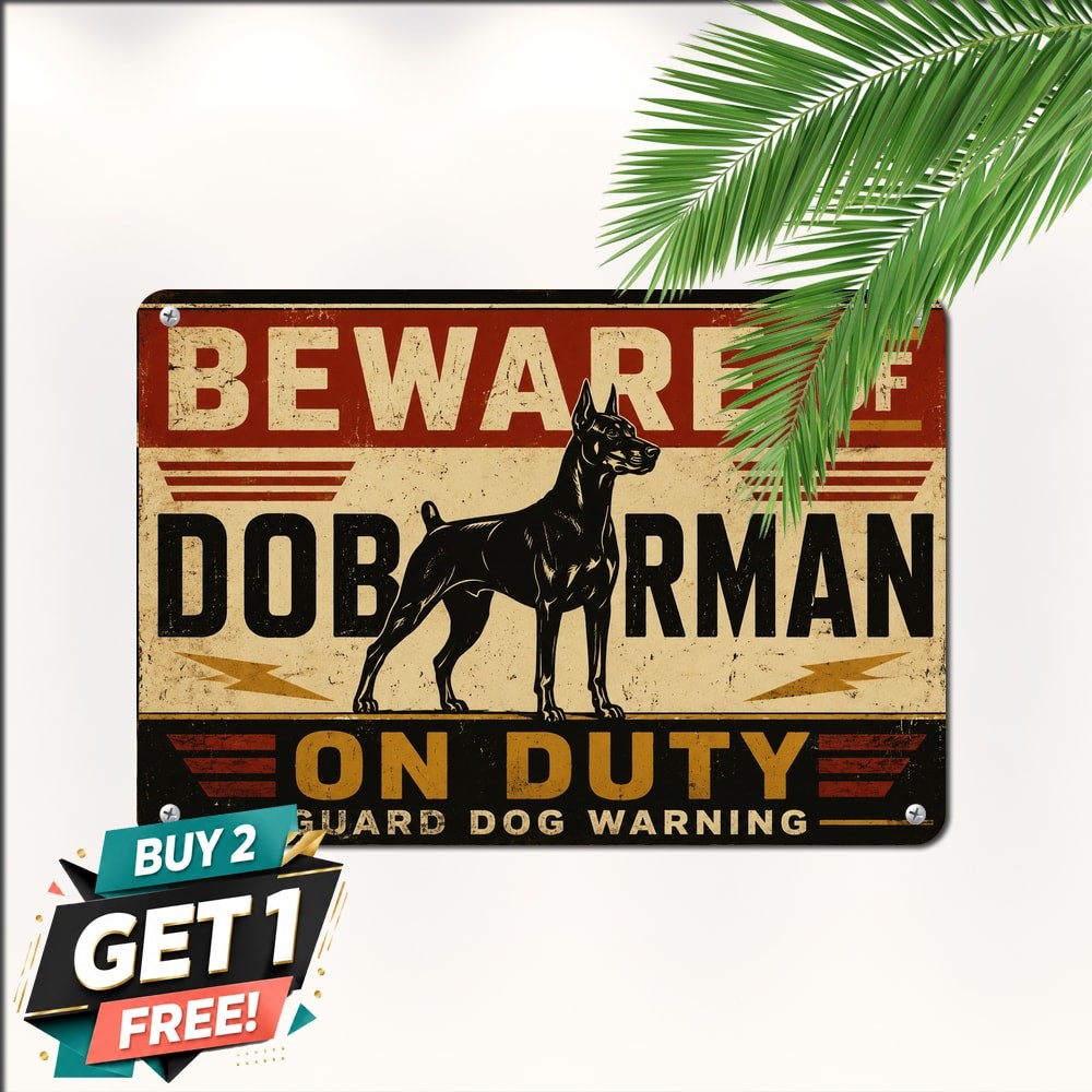 Beware Doberman Pinscher Guard Dog Security Sign Metal Tin Plaque 8x12