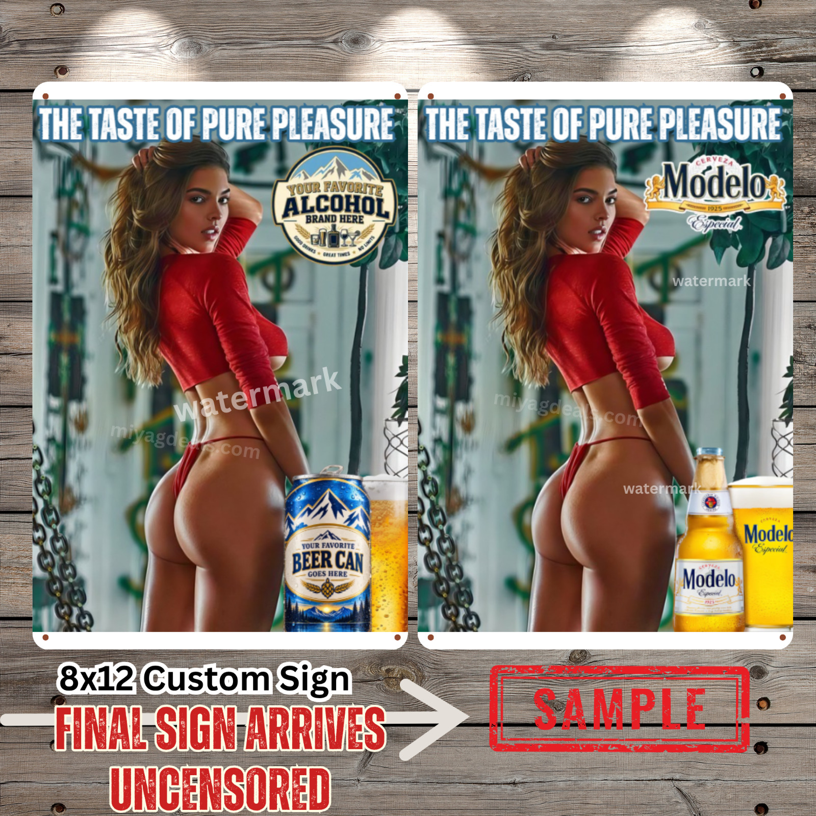 Sexy Girl in Red Custom Metal Sign – Customize With Favorite Alcohol Brand