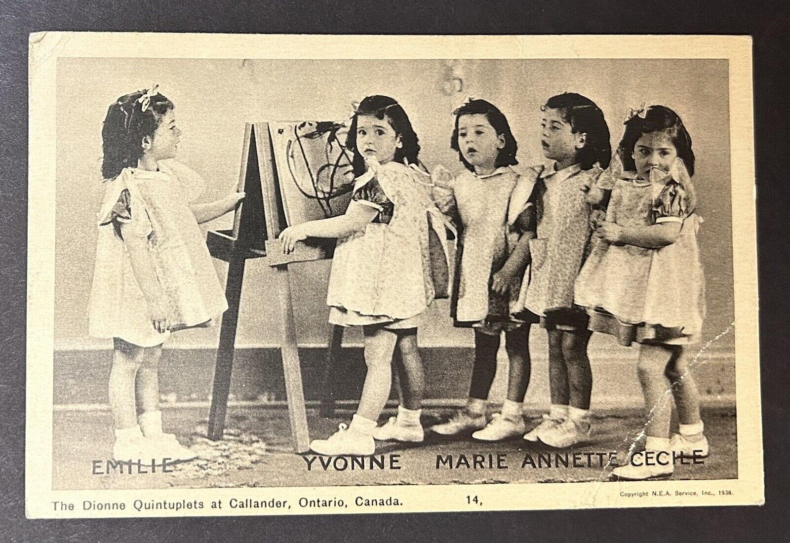Dionne Quintuplets PECO # 14 Postcard, 2 Cent Stamp Intact, Midwife AUTOGRAPHED