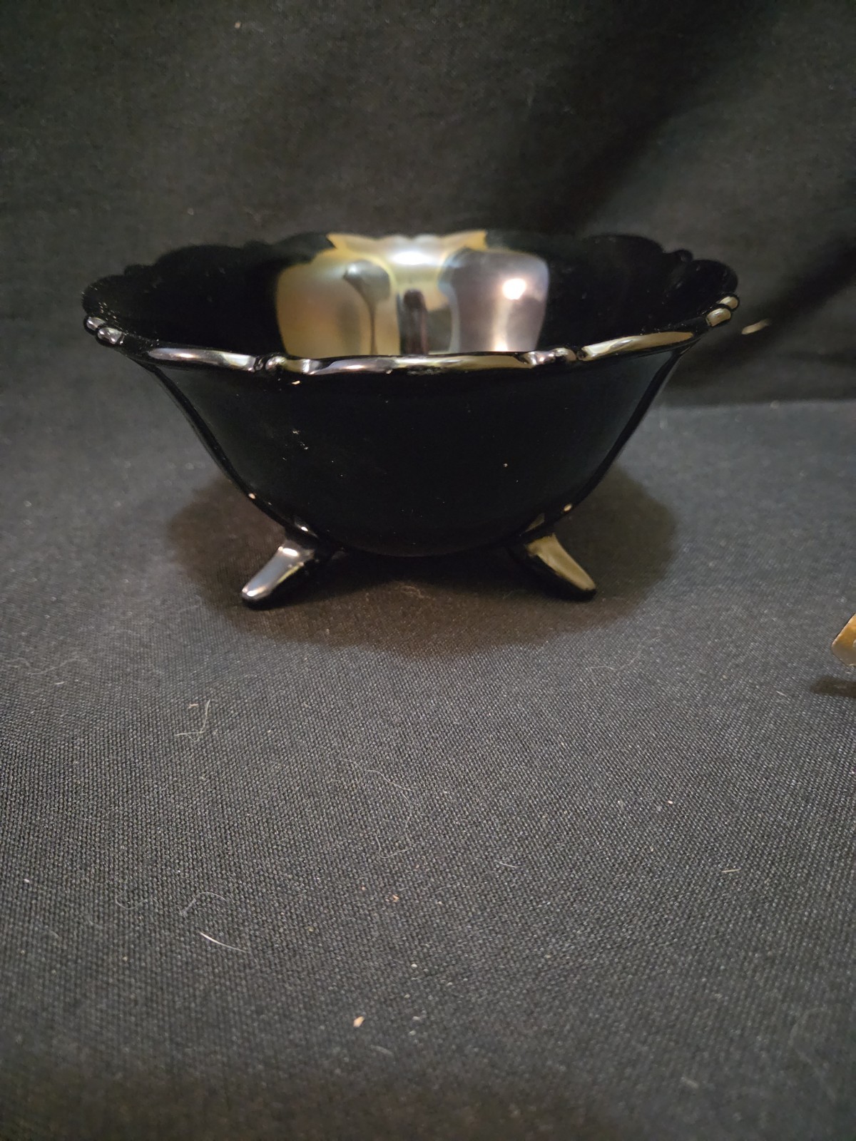 Vintage 3 FOOTED BLACK GLASS BOWL. 5 1/2\