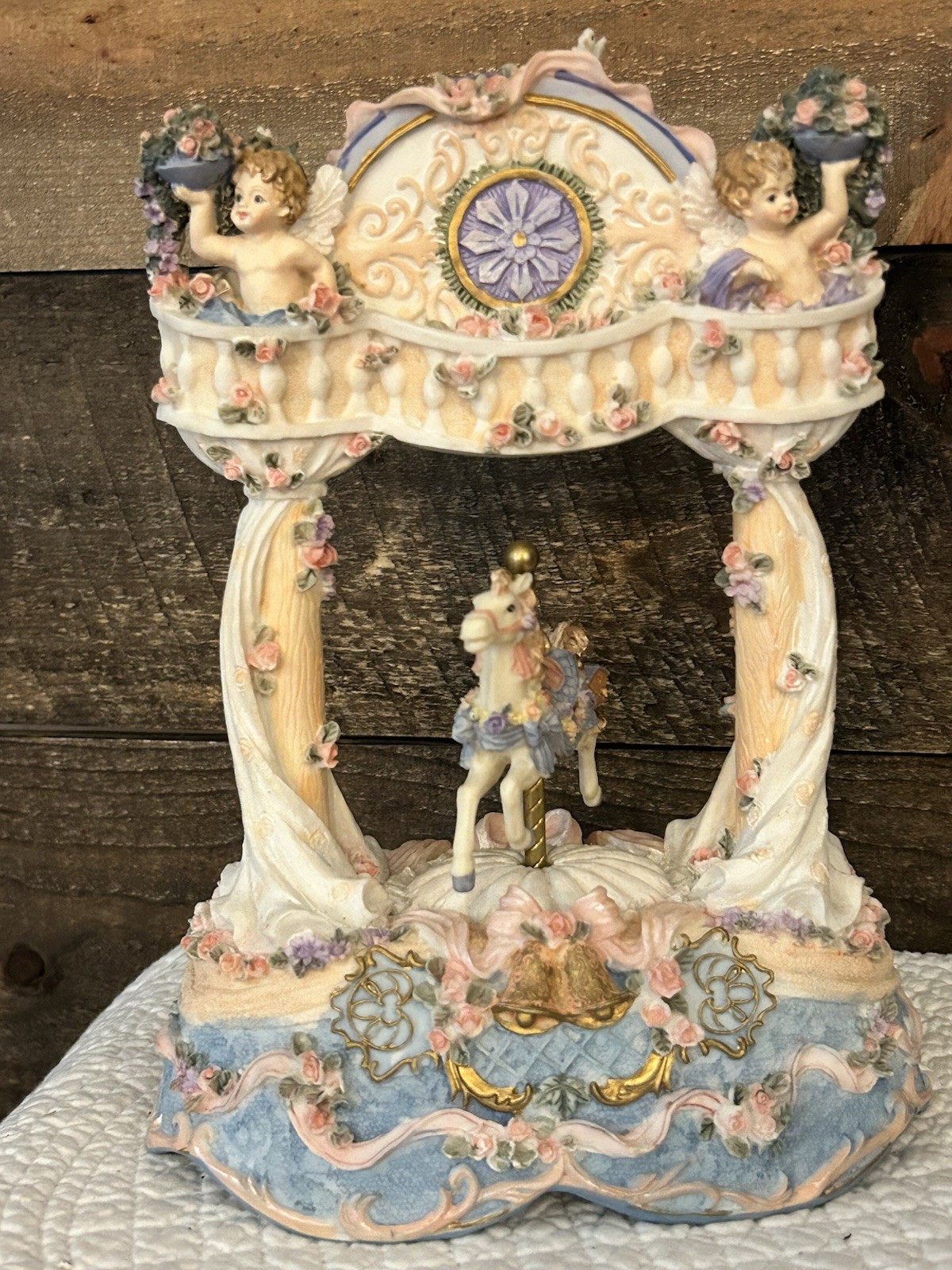 Vintage- “The Entertainer” Tune Horse Carousel Birds,Angel, Bells Music Box