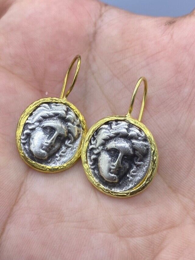 Beautiful Old JEWELRY Greek Goddess Athena Silver Gold Plated Earrings 16mm