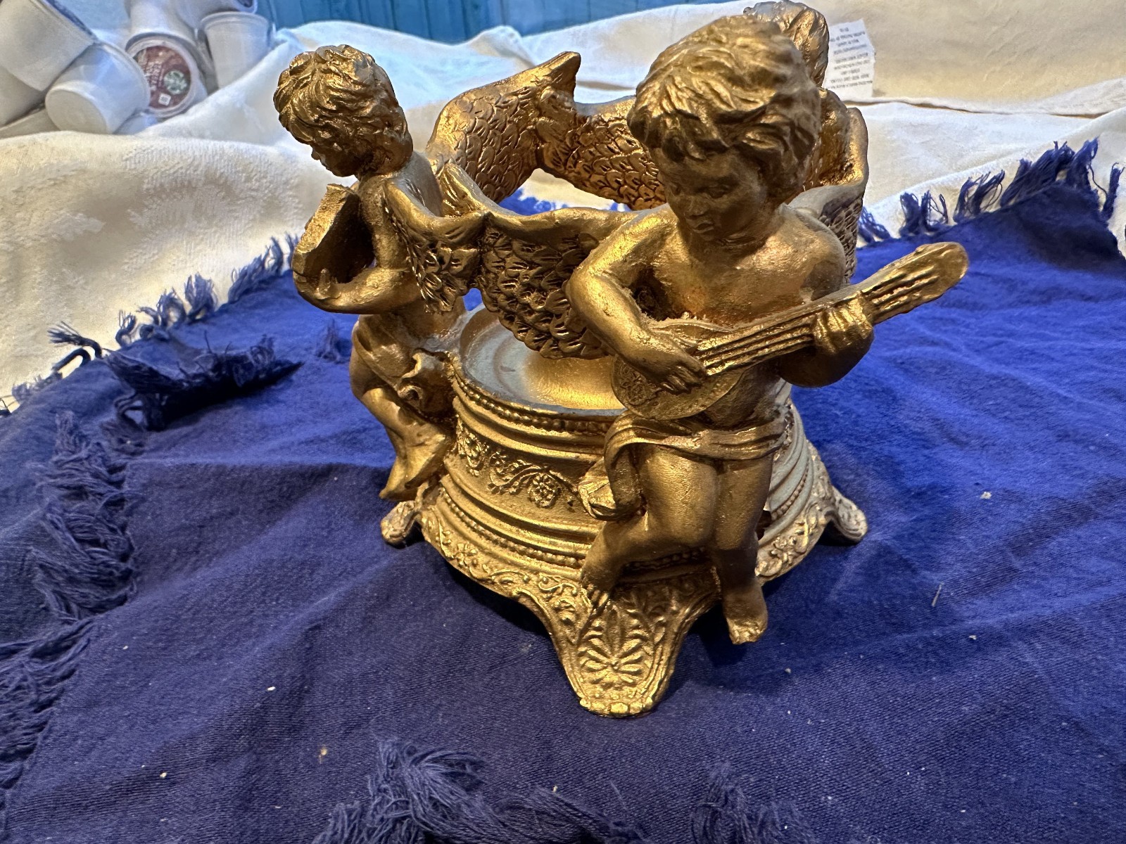 Vintage Gold Cherub Candle Holder Stand 3 Musical Angels Putti Molded Resin Base