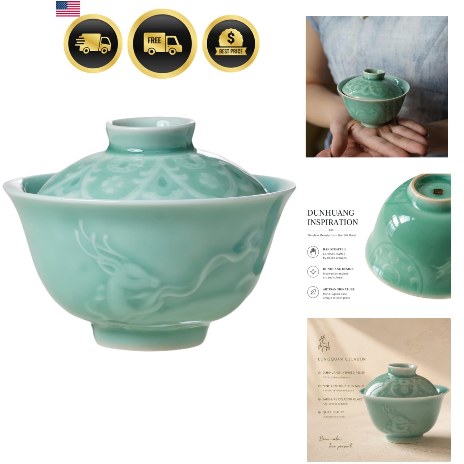 Celadon Gaiwan Teacup, Jade Green, 5.4oz Celadon Gaiwan Teacup, Jade Green, 5.4oz