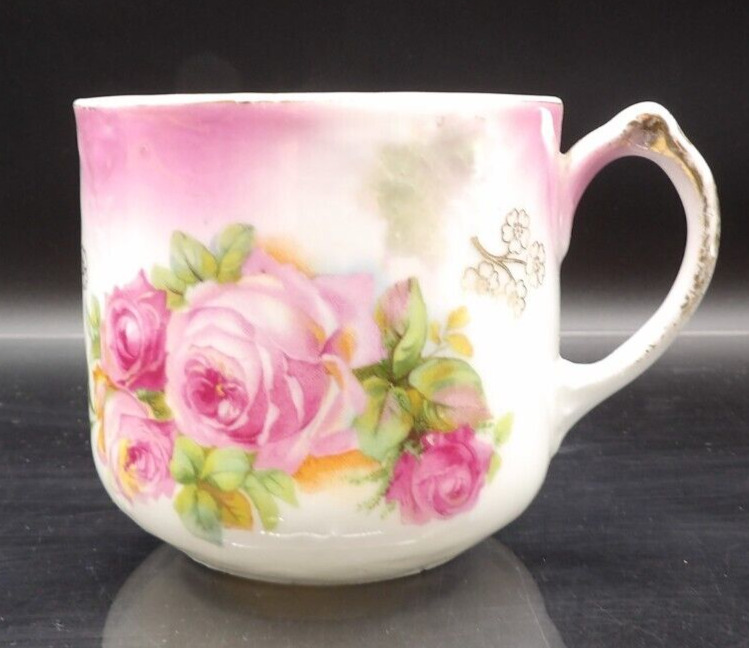 Antique Coffee Tea Cup Pink Roses with Gold Detail Unmarked