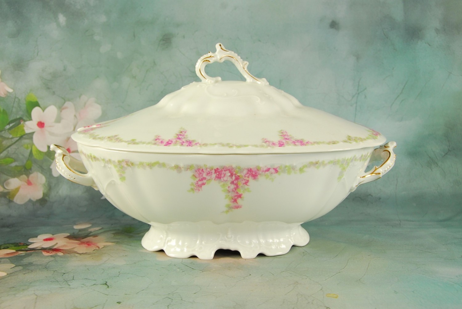 NICE~Antique~Limoge Porcelain Pink Flowers Soup Tureen w/lid~12\