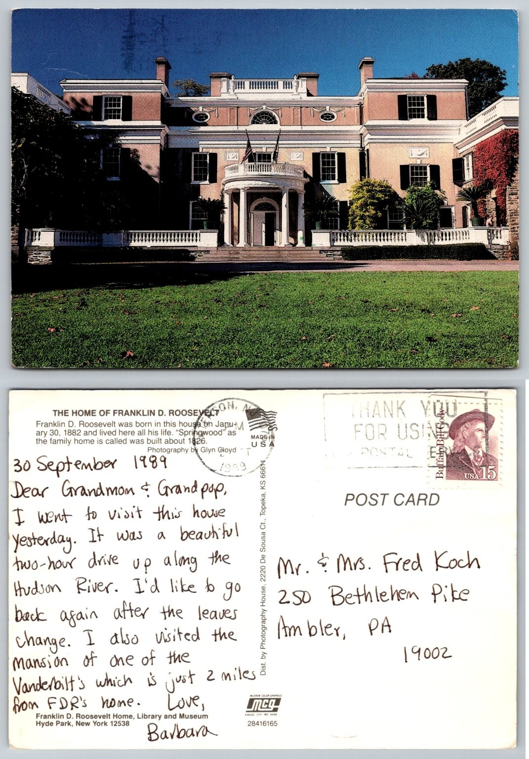 FDR Home Springwood Hyde Park NY Postcard 1989 Roosevelt Estate Posted Buffalo