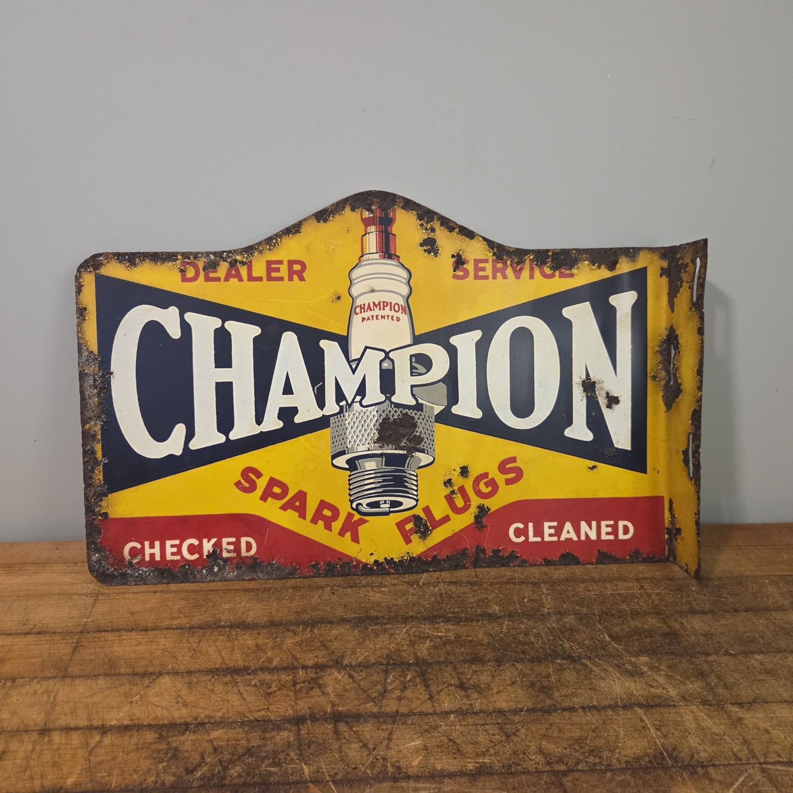 SCARCE 1940s CHAMPION SPARK PLUG DEALER SERVICE FLANGE SIGN METAL 18 SCARCE 1940s CHAMPION SPARK PLUG DEALER SERVICE FLANGE SIGN METAL 18