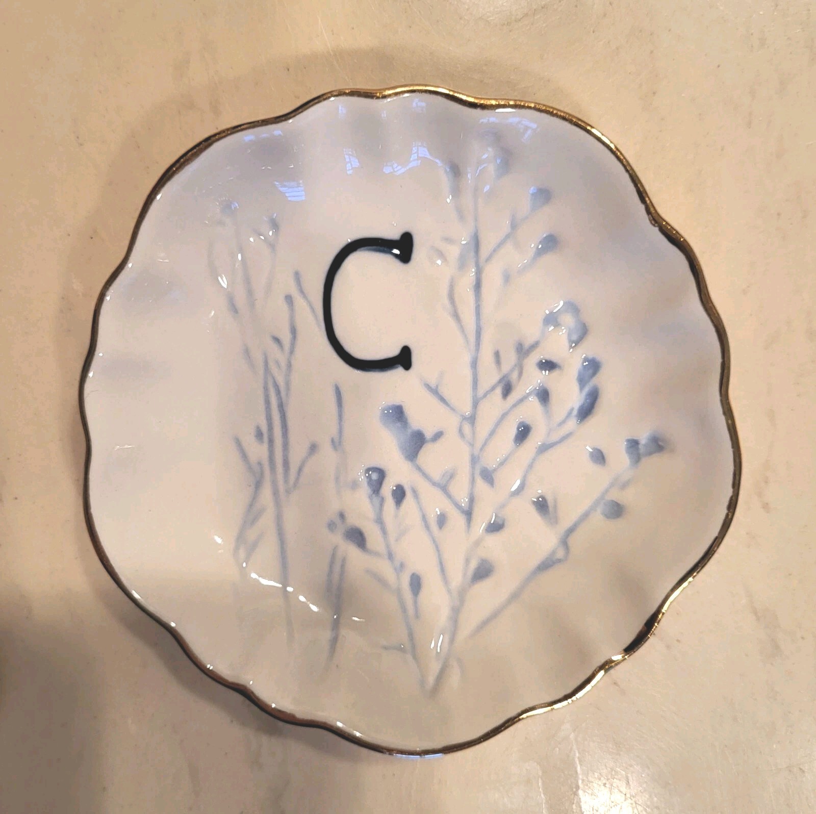 ANTHROPOLOGIE Initial C  Porcelain Blue Willow Floral Gold Rim 4\
